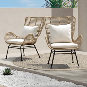 idzo isabelle wicker chairs outdoor set of 2, 2000 hours uv wicker rattan chair outdoor, 500lbs capacity boho patio chairs with thick olefin cushions and pillows for outdoor, indoor use