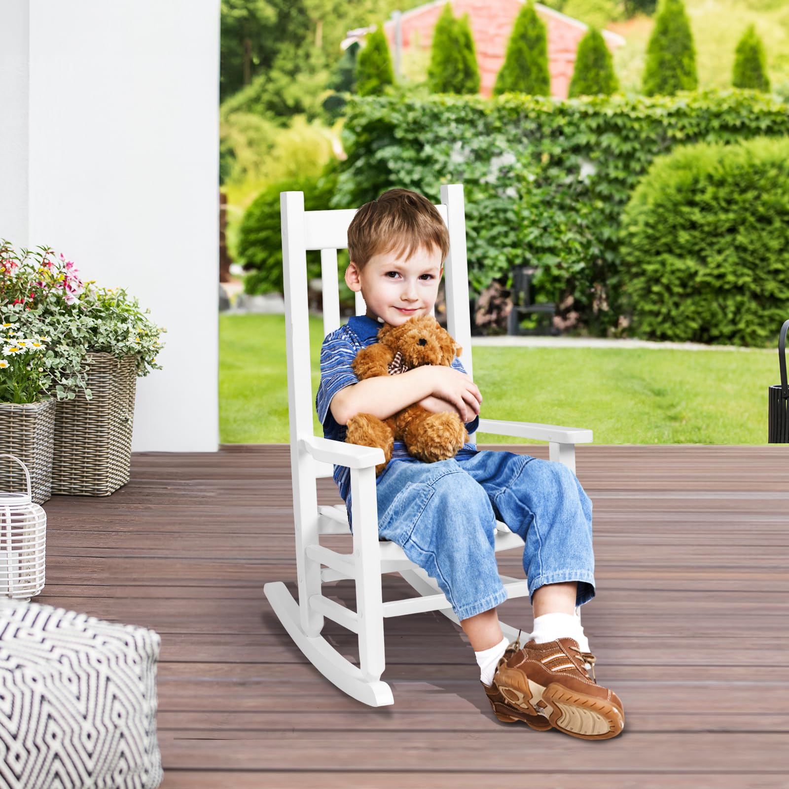 VINGLI Outdoor Child’s Rocking Chair, All Weather Wooden Rocking Chair with High Backrest, Patio Rocker for Garden, Yard, Balcony, Wooden Rocker for 3-9 Years Old, White