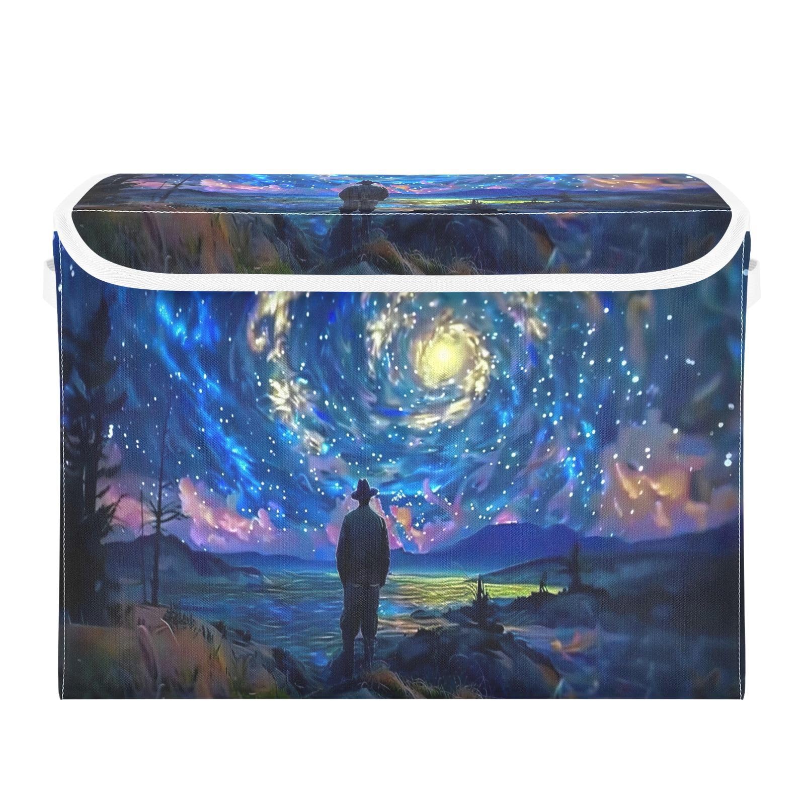 Romantic Spiral Starry Night Fabric Storage Bin with Lid Storage Bins for Shelves