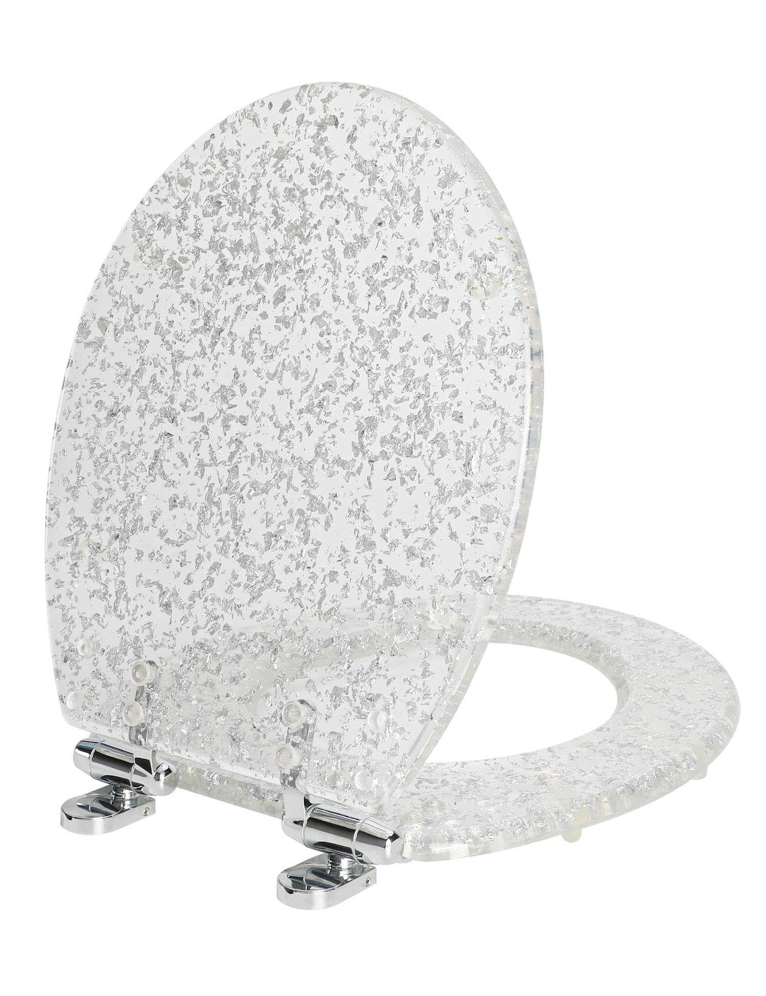 Angol Shiold Resin Round Toilet Seat Glitter Silver, Slow Quiet-Close Heavy Duty Acrylic Toilet Seats for Standard Toilets, Easy Installation & Cleaning (Round 17", Silver Foil, Upgraded hinge)