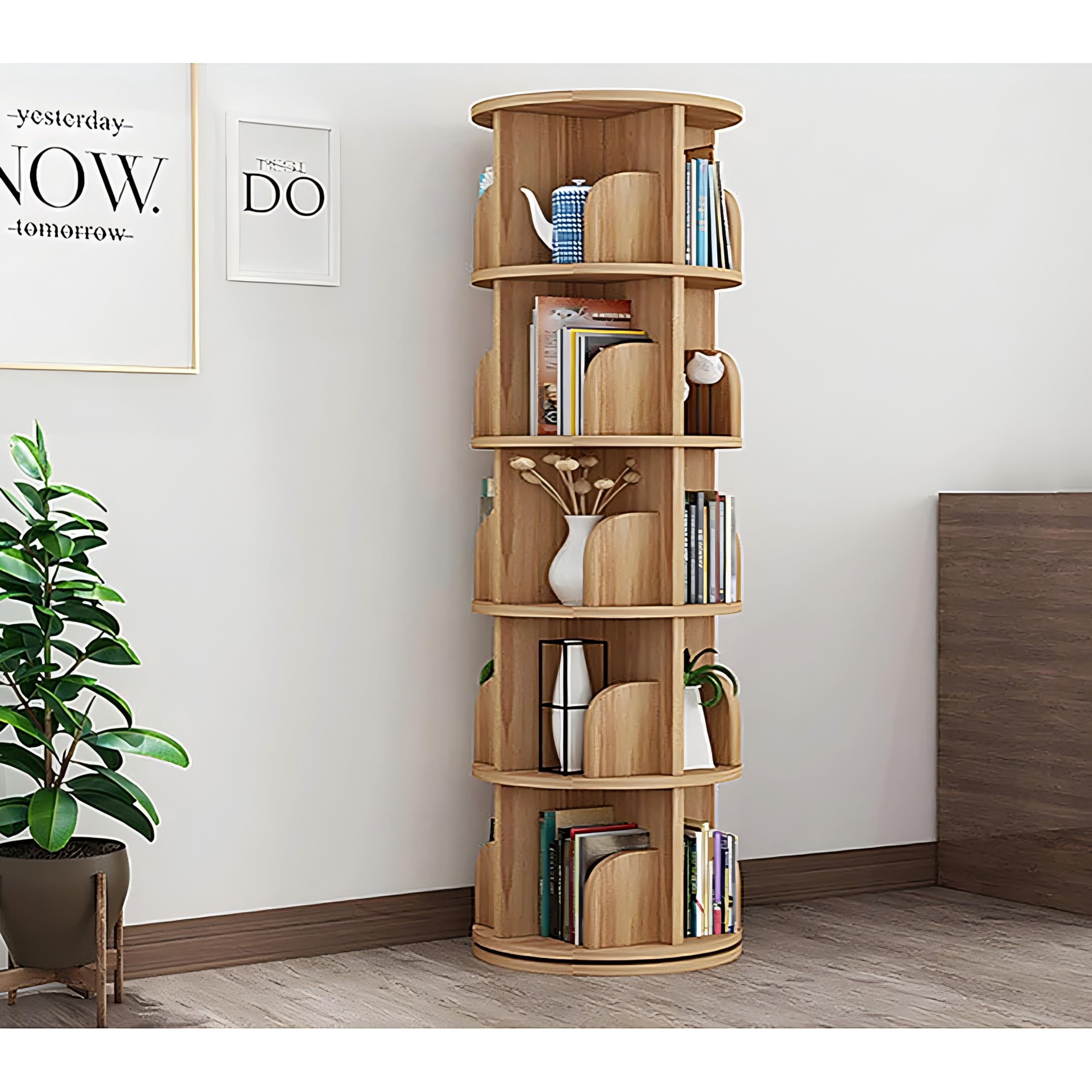 5 Tier Rotating Bookshelf Tower, Spinning Bookcase 360 Revolving Book Shelf, Floor Standing Bookcase Storage Rack for Kids Adults Solid Wood Bookshelf Organizer