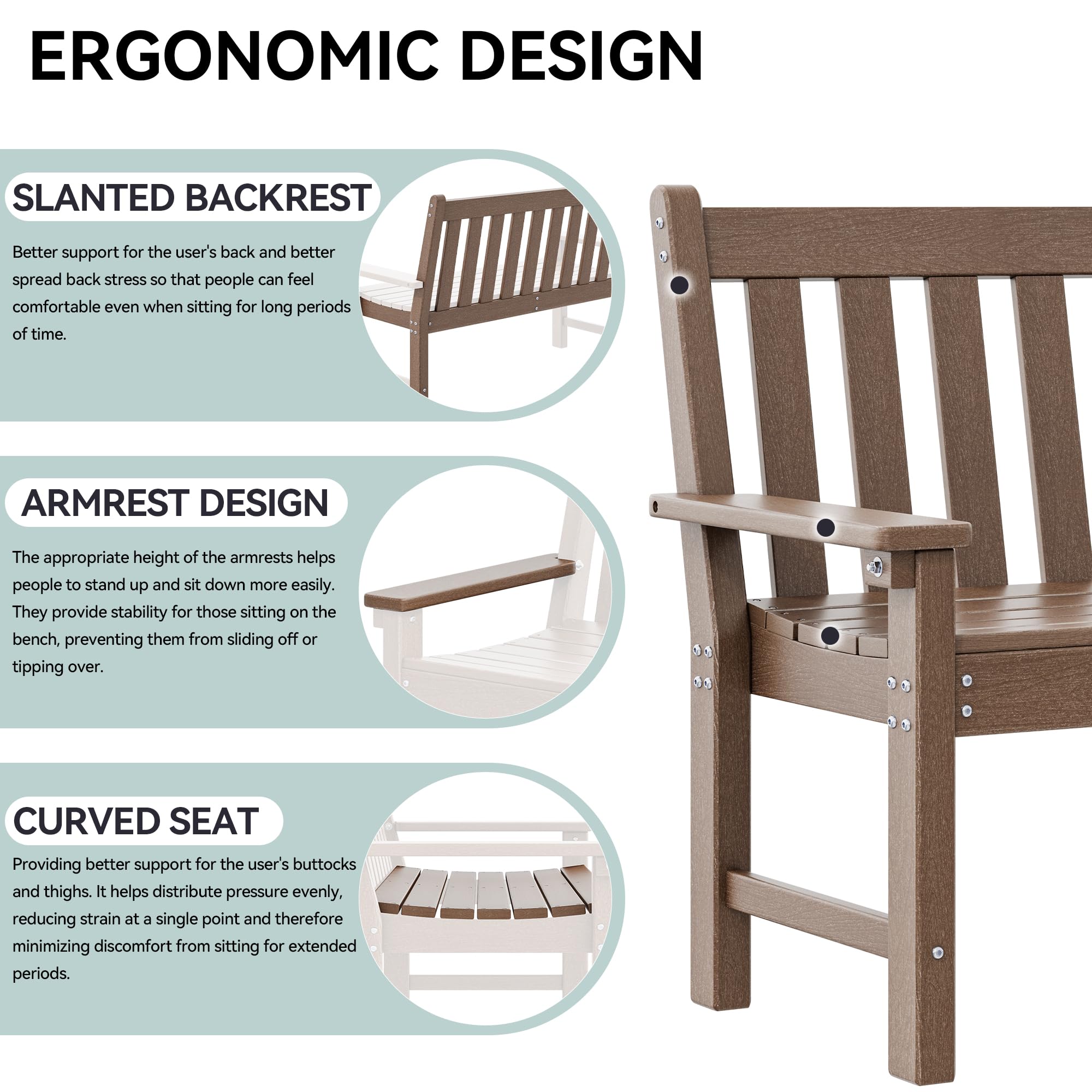 YITAHOME Garden Bench, All Weather Outdoor Bench for 2-3 Persons, Fade/Rot Resistant Patio Bench for Park, Porch, Patio & Backyard (Brown)