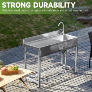 39.3'' Stainless Steel Utility Sink with Cold and Hot Water Pipes, Free Standing Sink with Workbench & Storage, Portable Laundry Sink for Indoor & Outdoor