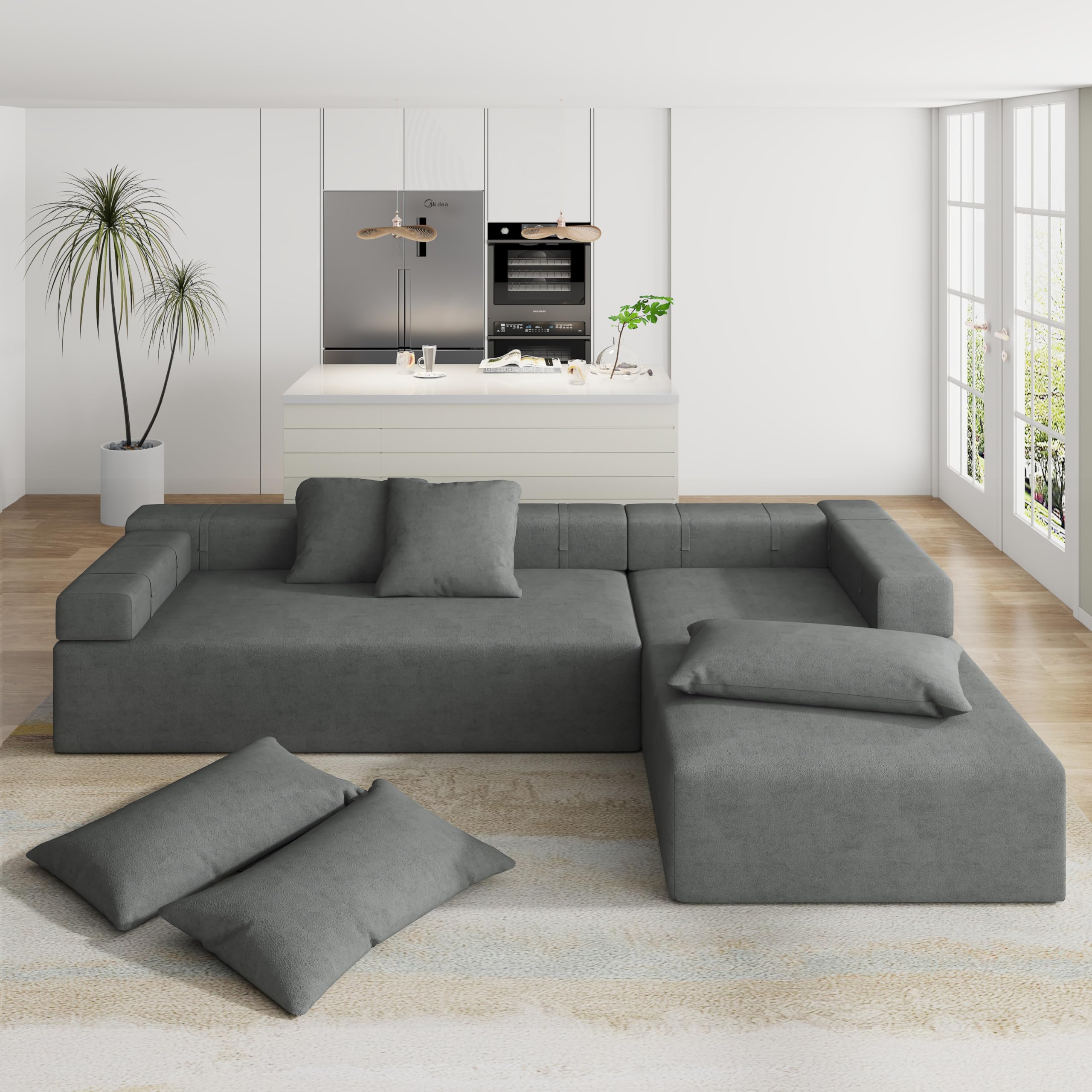 HANLIVES 108" Modular Sectional Sofa Couch for Living Room,Chenille Fabric L-Shape Upholstered Cloud Couch with 6 Pillow,Modern Minimalist Couches with Right Side Chaise,No Assembly Required-Grey