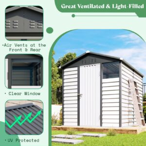 AMERLIFE 6.4x9x7 FT Outdoor Storage Shed, Blinds Design Metal Shed with Clear Window Lockable Hinged Door, Outdoor Shed for Backyard, Garden, Patio, Dark Grey/White