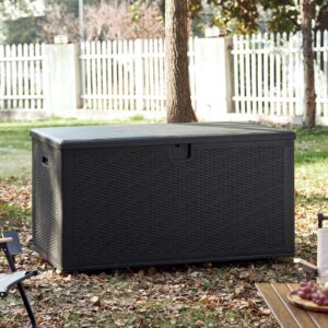 terrasafe large deck boxes,150 gallon resin storage boxes for outdoor cusion,waterproof, garden tools,lockable black