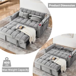 WIIS' IDEA Convertible Sofa Bed,3-in-1 Velvet Sleeper Couch Pull-Out Bed,55'' Loveseat Sleeper Sofa Bed with Adjustable Backrest with 2 Pillows and Storage Bag & USB Port and Swivel Phone Stand,Gray