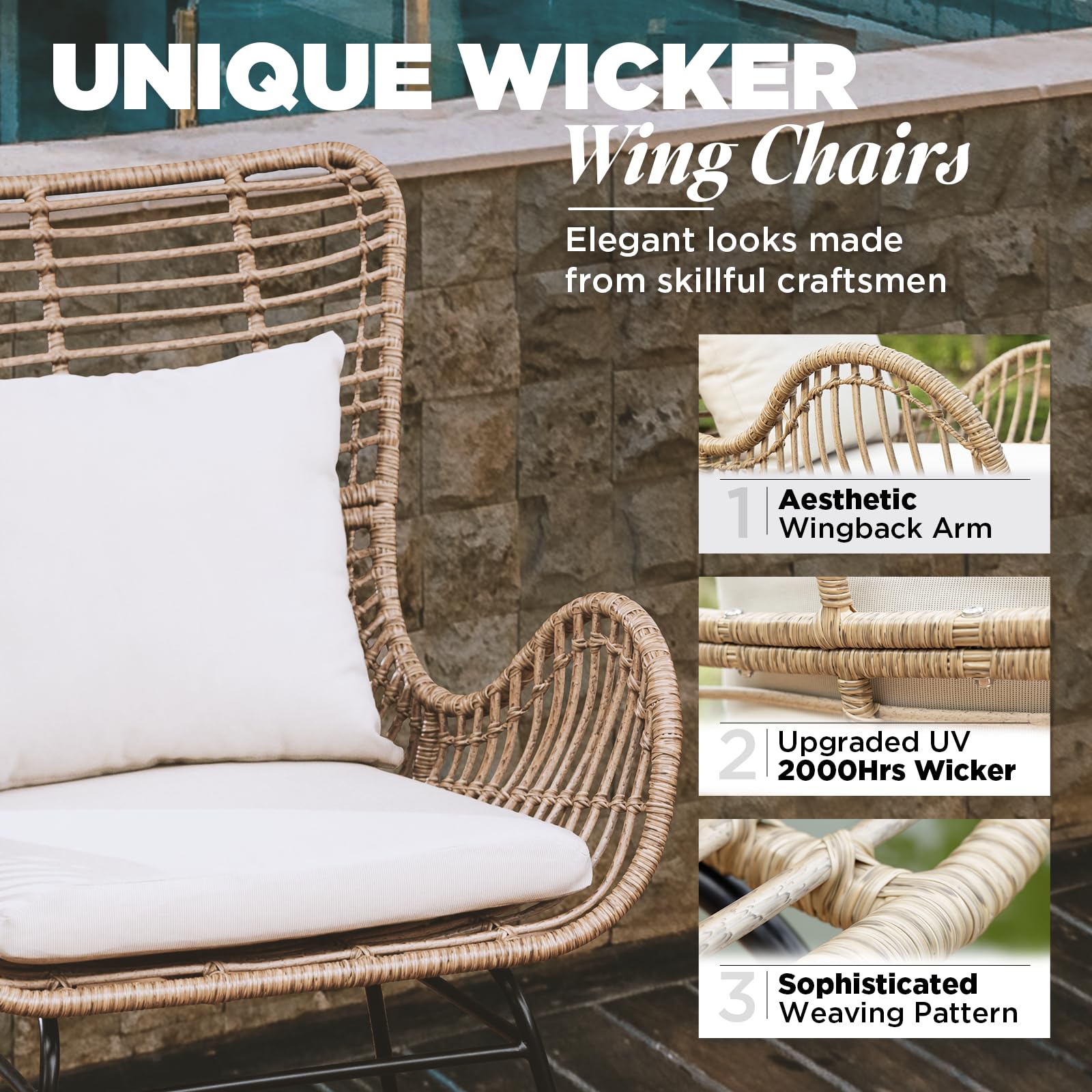 IDZO Isabelle Wicker Chairs Outdoor Set of 2, 2000 Hours UV Wicker Rattan Chair Outdoor, 500lbs Capacity Boho Patio Chairs with Thick Olefin Cushions and Pillows for Outdoor, Indoor Use