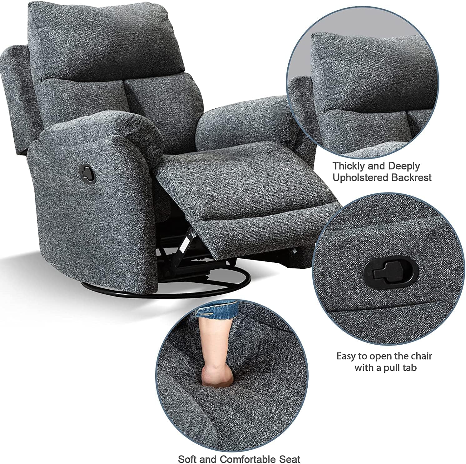 ANJ Swivel Rocker Recliner Chair Nursery, Manual Fabric Small Rocking Recliner, Modern Rocking Reclining Chairs for Living Room, Bedroom, Small Space (Gray)