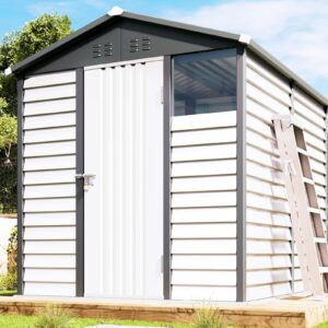 AMERLIFE 6.4x9x7 FT Outdoor Storage Shed, Blinds Design Metal Shed with Clear Window Lockable Hinged Door, Outdoor Shed for Backyard, Garden, Patio, Dark Grey/White