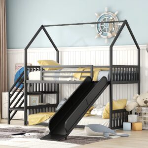 think 30 metal house bunk bed, house bed with slide and staircase, twin size, black