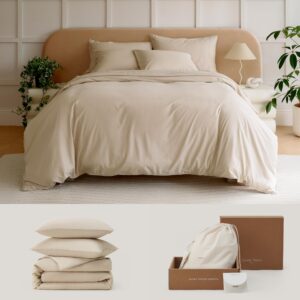 Double Stitch by Bedsure Cotton Tencel™ Lyocell Percale Duvet Cover Set and Cotton Tencle Pillow (Soft) Bundle, 1 Duvet Cover Set, 1 Down Alternative Pillow (Soft), King, Sandstone, Bright White