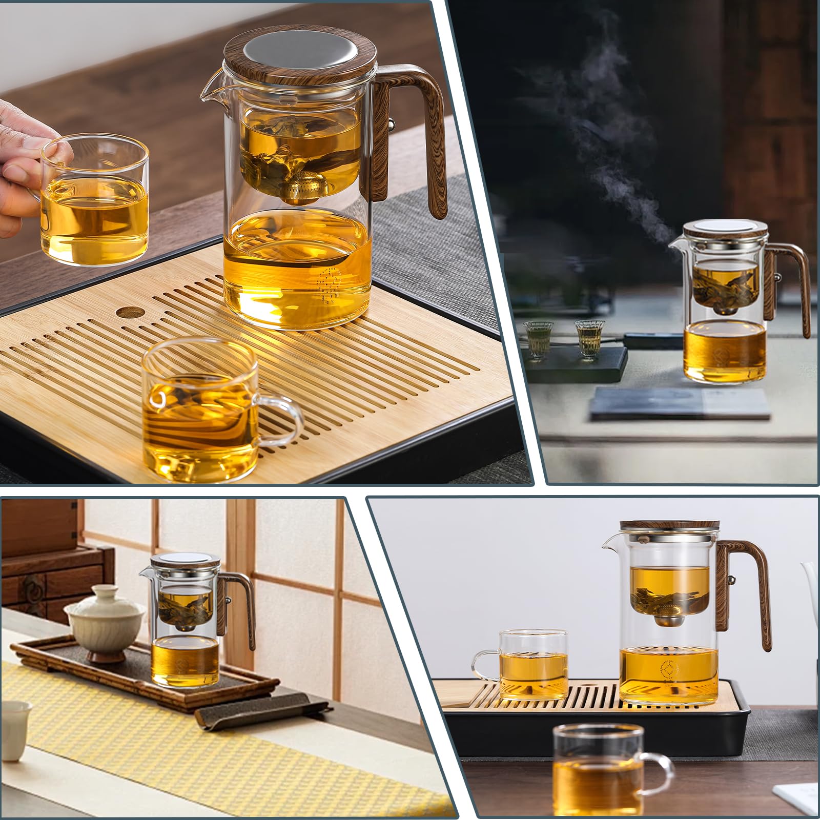 Enchanti Tea Pot, Witchcraft Teapot, Magical Teapot, Glass Tea Pot with Strainer, Water Separation Glass Teapot with Wooden Handle, Glass Teapot with Infuser (600ml 1Pcs)