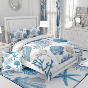 jejeloiu Boys Girls Abstract Bedding Set Twin Size, Ocean Duvet Cover Set 100% Cotton Beach Cotton Duvet Cover with 1 Pillow Case Kids Starfish Shell Teens Comforter Cover