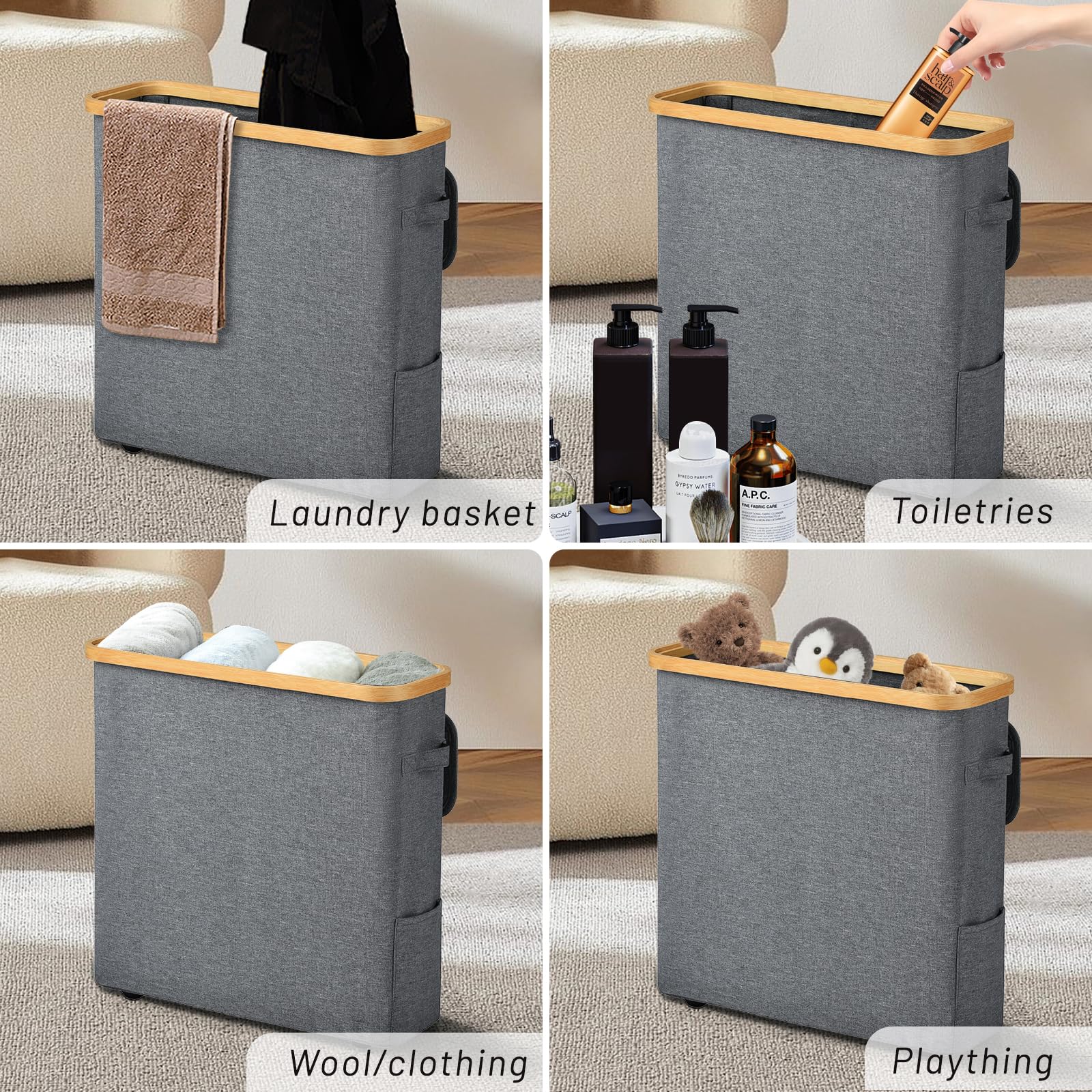 REWXXD Toilet Paper Storage, Toilet Paper Basket with Lid and Pockets, Toilet Paper Holder, Bamboo Bathroom Organizer, Tampon Storage(Gray)