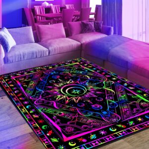 eiskbc blacklight burning sun area rug, neon uv reactive celestial moon star planet throw rug, non-slip fluorescent boho hippie floor mat carpet, glow in the dark bedroom home decor 70x47inch