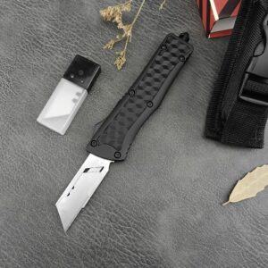 folding utility knife with clip, retractable box cutter, edc knife with heavy duty safety zinc alloy handle and 10 sharp 440c steel replacement blades, everyday use utility knife（checkered handle）