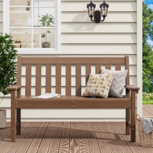 yitahome garden bench, all weather outdoor bench for 2-3 persons, fade/rot resistant patio bench for park, porch, patio & backyard (brown)