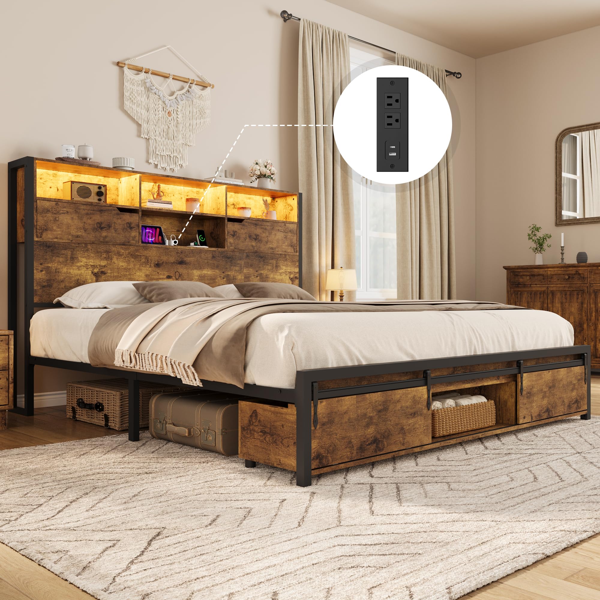 Jocoevol Queen Size Bed Frame with Charging Station, LED Bed Frame with Bookcase Storage Headboard, Footboard Sliding Barn Door, Platform Bed with Heavy Duty Metal Slats, No Box Spring Needed (Queen)