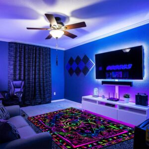 EISKBC Blacklight Burning Sun Area Rug, Neon UV Reactive Celestial Moon Star Planet Throw Rug, Non-Slip Fluorescent Boho Hippie Floor Mat Carpet, Glow in The Dark Bedroom Home Decor 70x47inch