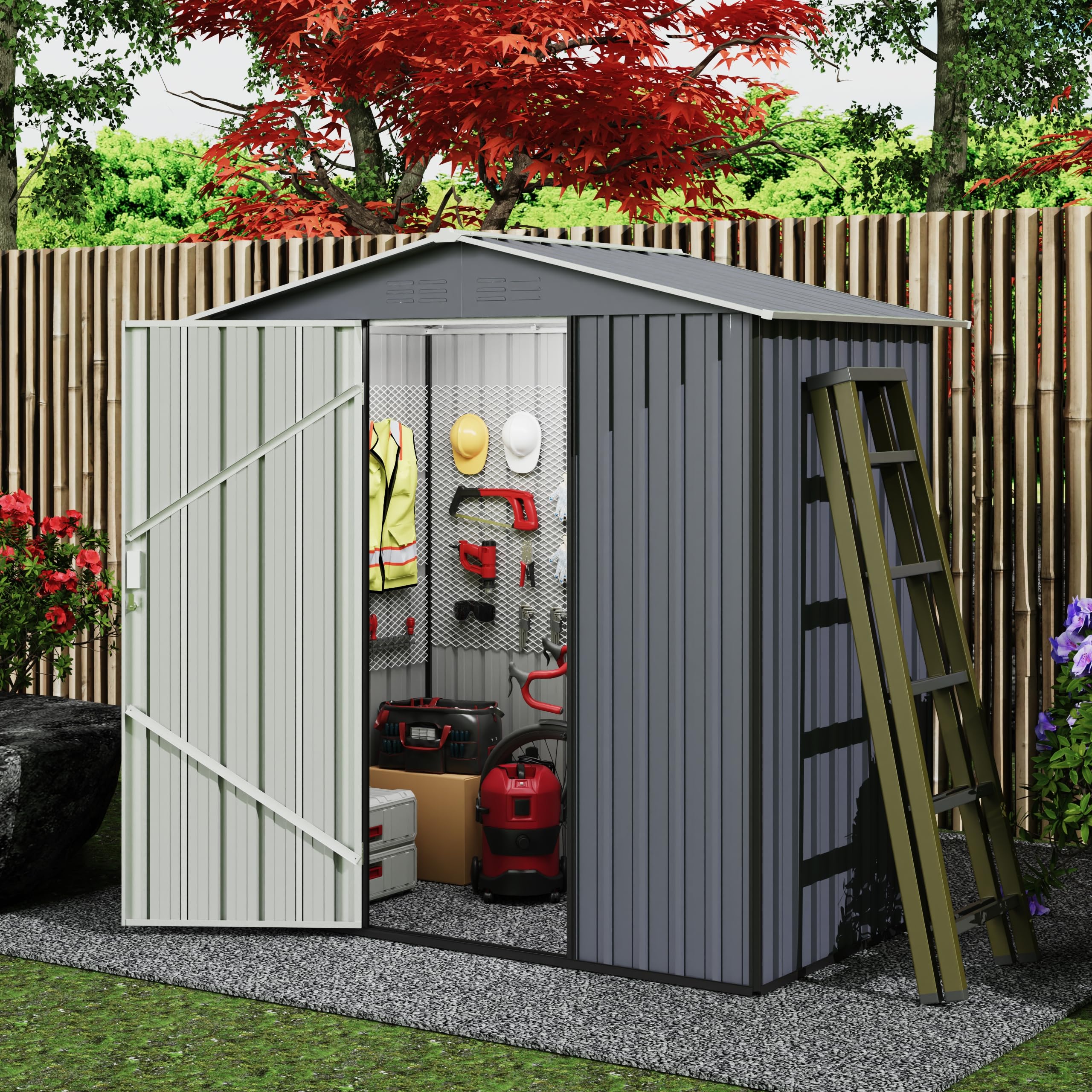 Bathenum 6FT x 4FT Outdoor Storage Shed, Waterproof Metal Tool Sheds, Large Storage Garden Sheds with Lockable Door, Sloping Roof and Vent for Backyard Garden Patio Lawn, Gray