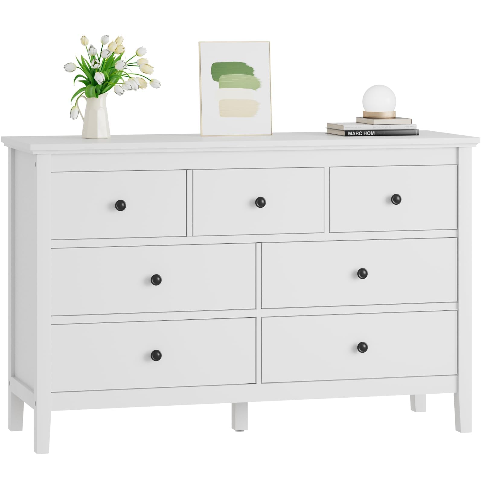 CARPETNAL White Dresser for Bedroom, 7 Drawer Dresser with Wide Drawers and Metal Handles, Woode Dressers & Chests of Drawers for Hallyway, Entryway.