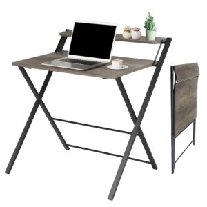 folding desk, 31.9 inch foldable writing table 2 tier, computer desk for home office study, metal frames/wood table top, space saving, no assembly required, brown