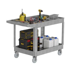 utility service cart with wheels, 2-shelf rolling plastic tool cart (45.7" x 25.4") with 550 lbs capacity, work cart with ergonomic storage handle for warehouse, garage, office, gray