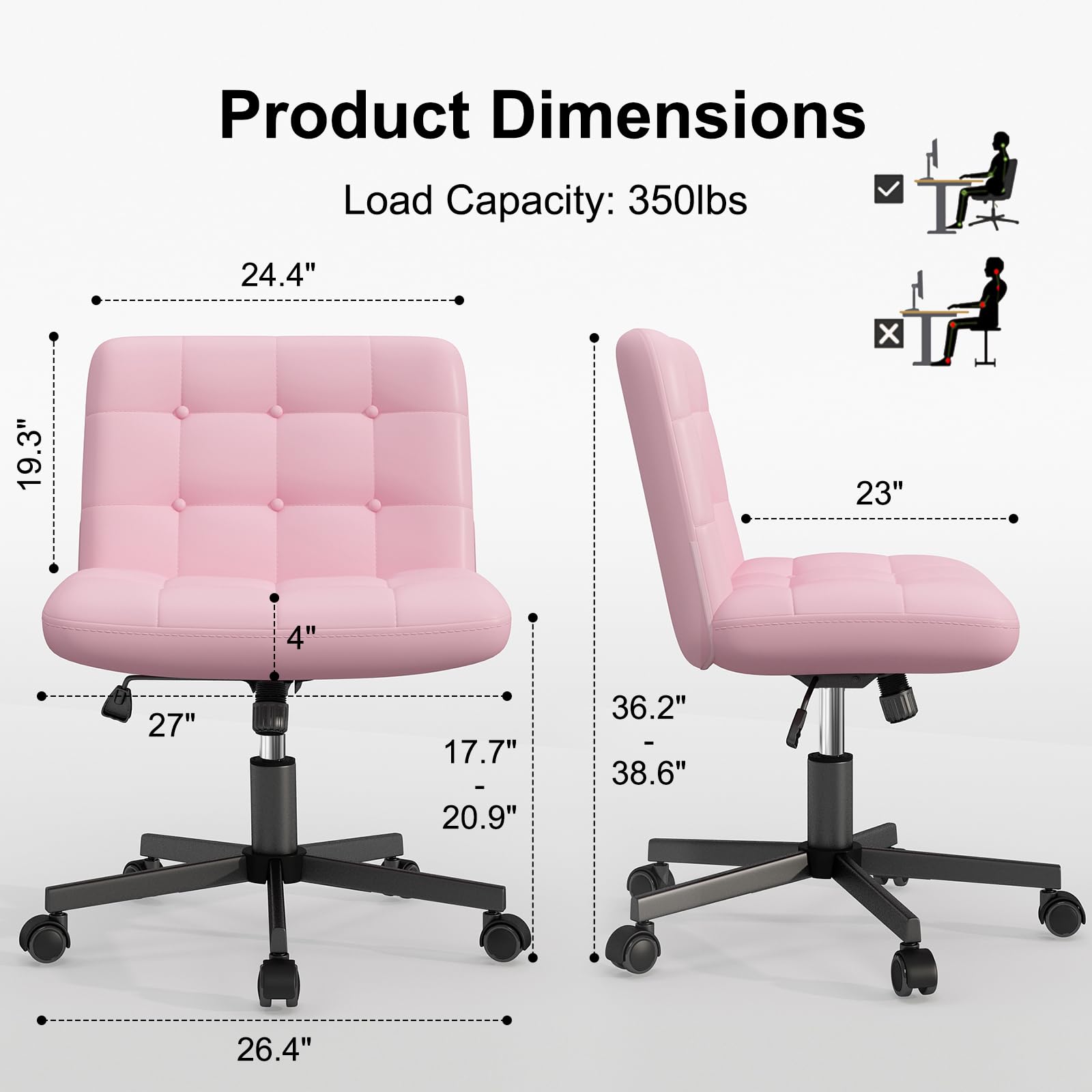 SeekFancy Criss Cross Chair with Wheels, Pink Armless Legged Office Desk Chair Wide Seat, Leather Comfortable Adjustable Swivel Computer Task Vanity Chairs for Small Space, Home Office