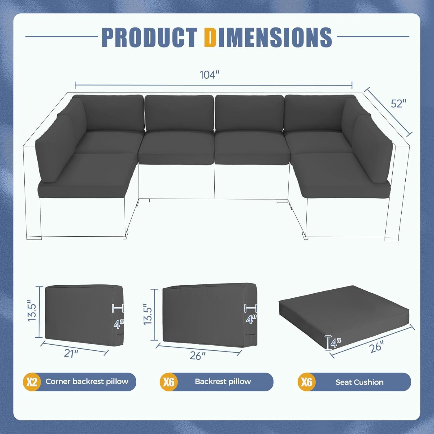 Incbruce 14 Piece Outdoor Replacement Cushions for Patio Furniture, Outdoor Couch Cushions Patio Sofa Cushions (6 Seat Cushion, 6 Back Cushion and 2 Corner Cushion) with Zipper (Grey)