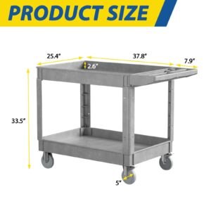 Utility Service Cart with Wheels, 2-Shelf Rolling Plastic Tool Cart (45.7" x 25.4") with 550 LBS Capacity, Work Cart with Ergonomic Storage Handle for Warehouse, Garage, Office, Gray