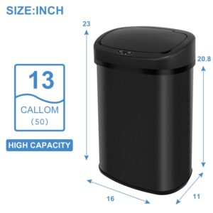 Bigacc 13 Gallon 50 Liter Kitchen Trash Can with Touch-Free & Motion Sensor, Automatic Stainless-Steel Garbage Can, Anti-Fingerprint Mute Designed Trash Bin-Black