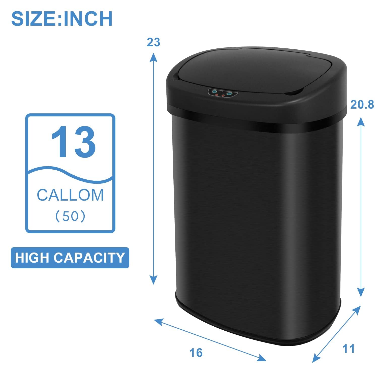 Bigacc 13 Gallon 50 Liter Kitchen Trash Can with Touch-Free & Motion Sensor, Automatic Stainless-Steel Garbage Can, Anti-Fingerprint Mute Designed Trash Bin-Black