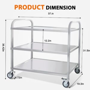 3-Tier Large Stainless Steel Cart,37x19.3x37'' Serving Cart with Wheels Utility Service Trolley 360°Rotation Storage Cart with Locking Wheels Rolling Kitchen Food Cart (37" H x 19.3" W x 37''L)