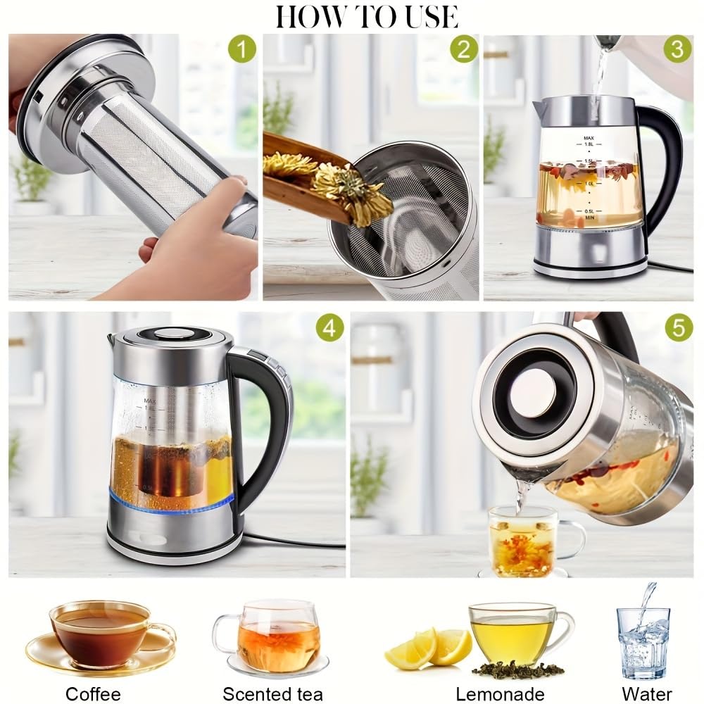 CHEFESS Electric Glass Kettle, 1.8 L / 60.8 oz Tea Kettle with 12 Temperature Control and Tea Infuser, up to 24-Hour Keep Warm, Stainless Steel Lid & Strainer, Hot Water Boiler for Coffee, Tea