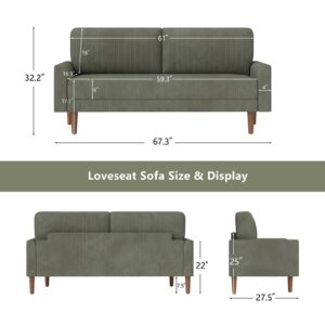 Bonzy Home 2-Seater Sofa Couch, 67" Sofa for Living Room, Corduroy Fabric Upholstered Loveseat with 4 Wooden Legs for Compact Space, Apartment (Green)