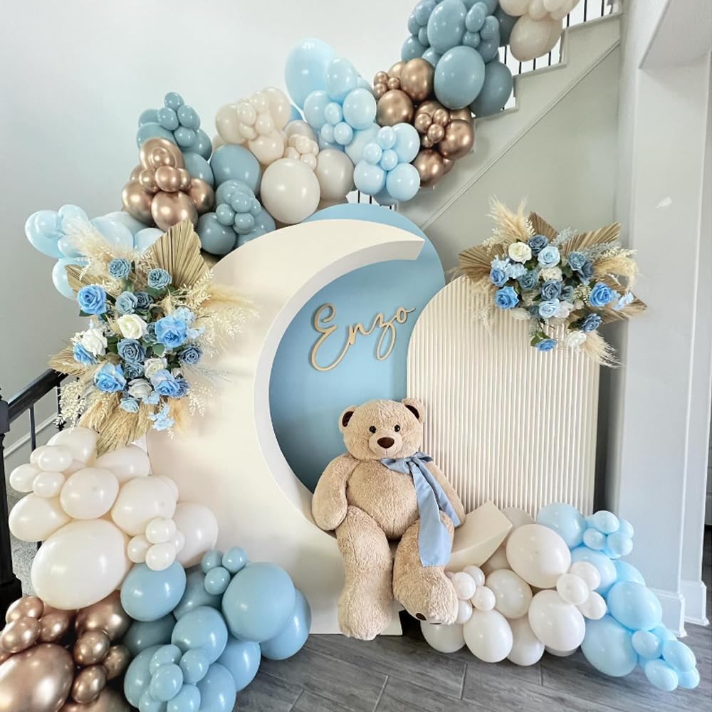 Baby in Bloom Balloon Garland Arch Kit, 150Pcs Dusty Baby Blue Sand White Champagne Gold Latex Balloons for Boho Baby Shower Bridal Shower Birthday Party Decorations