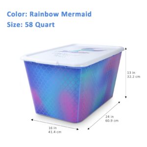 SIMPLYKLEEN 4-Packs 58-QT Plastic Storage Bins with Rainbow Mermaid Print Lids, Stackable Storage Container, Large Storage Totes for Organizing Closet, Kitchen, Made in the USA