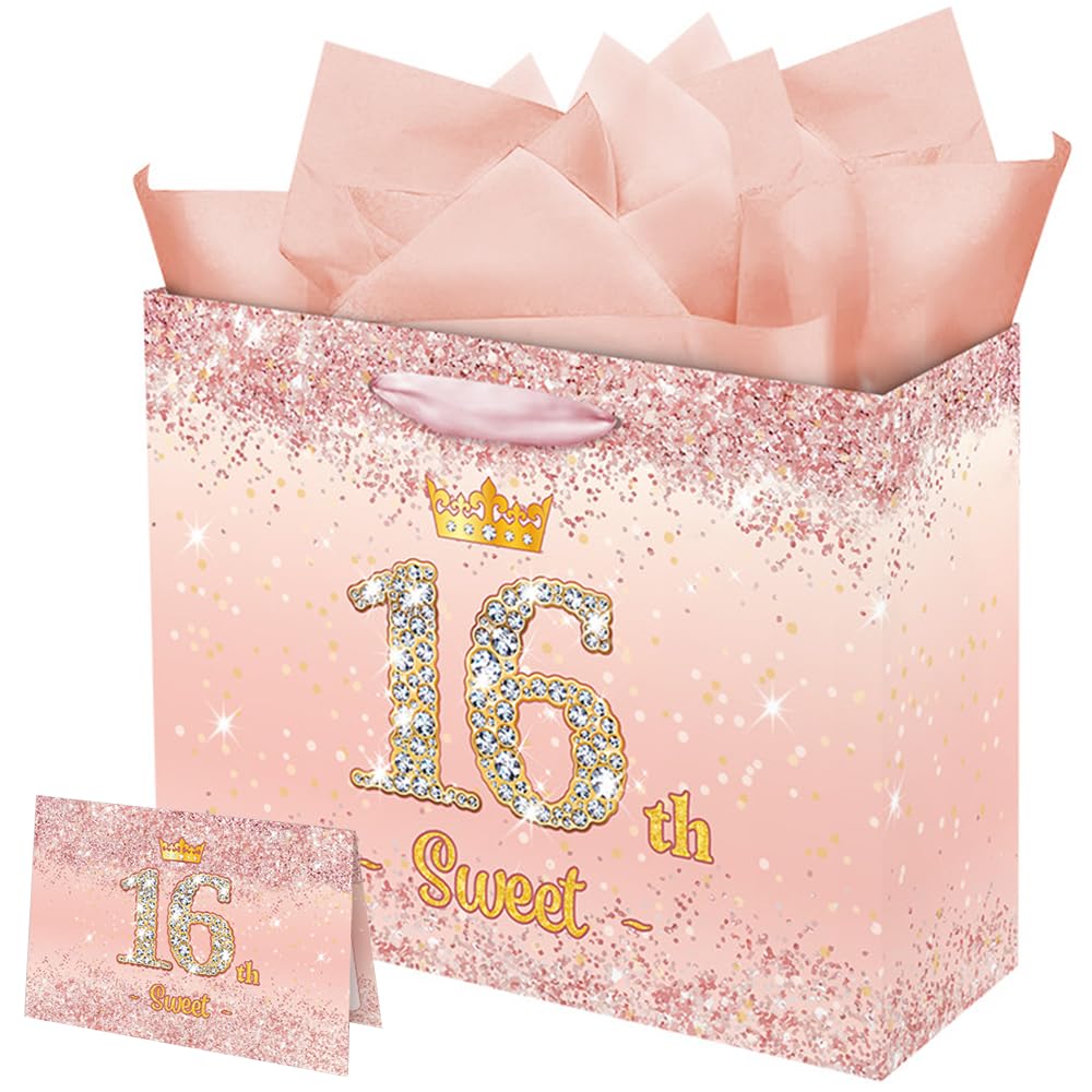 Vichona Rose Gold 16 & Sweet 16th Birthday Gift Bag for Girls, Sweet 16th Birthday Gifts Decorations for Girls, 16 Years Old Birthday Gift Bag Card for Daughter Granddaughter Friends