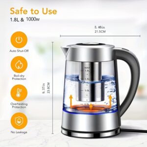 CHEFESS Electric Glass Kettle, 1.8 L / 60.8 oz Tea Kettle with 12 Temperature Control and Tea Infuser, up to 24-Hour Keep Warm, Stainless Steel Lid & Strainer, Hot Water Boiler for Coffee, Tea