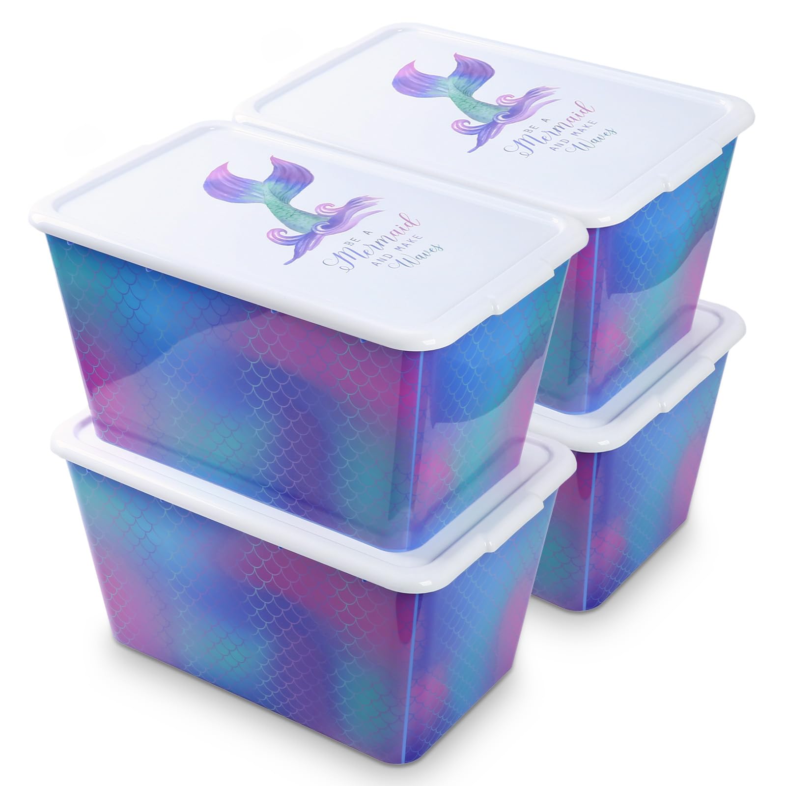 SIMPLYKLEEN 4-Packs 58-QT Plastic Storage Bins with Rainbow Mermaid Print Lids, Stackable Storage Container, Large Storage Totes for Organizing Closet, Kitchen, Made in the USA