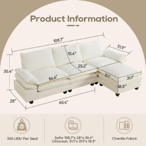 IPKIG 108.7" L Shaped Sofa - Convertible Sectional Couches for Living Room, Modular 4 Seat Oversized Comfy Chenille Fabric Sofas with Removable Ottoman and Adjustable Armrest (Beige White)