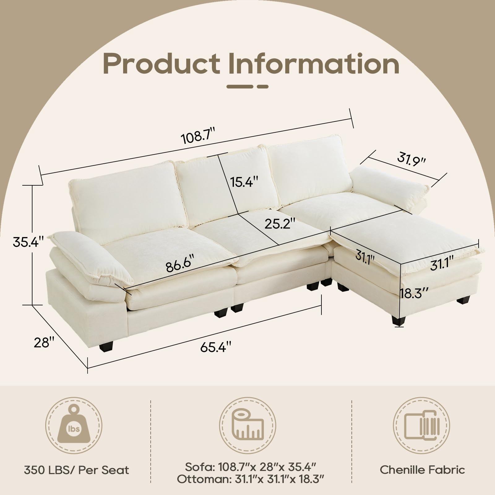 IPKIG 108.7" L Shaped Sofa - Convertible Sectional Couches for Living Room, Modular 4 Seat Oversized Comfy Chenille Fabric Sofas with Removable Ottoman and Adjustable Armrest (Beige White)