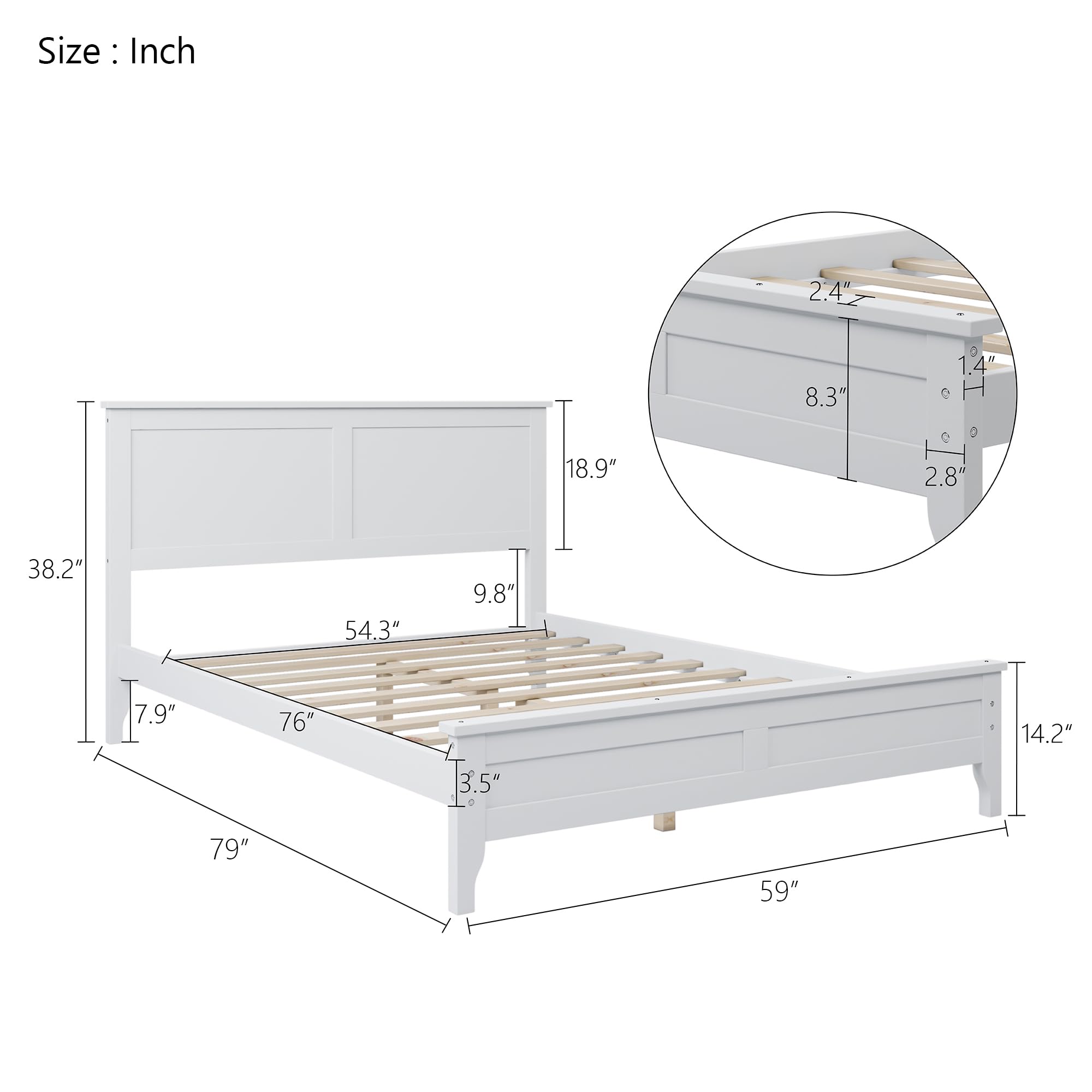 LUSPAZ Full Size Platform Bed with Simple Design Headboard and Wooden Slats, Modern Design Pine Wood Bed Frame, No Box Spring Needed, Perfect for Apartments, Bedrooms, Guest Rooms, White