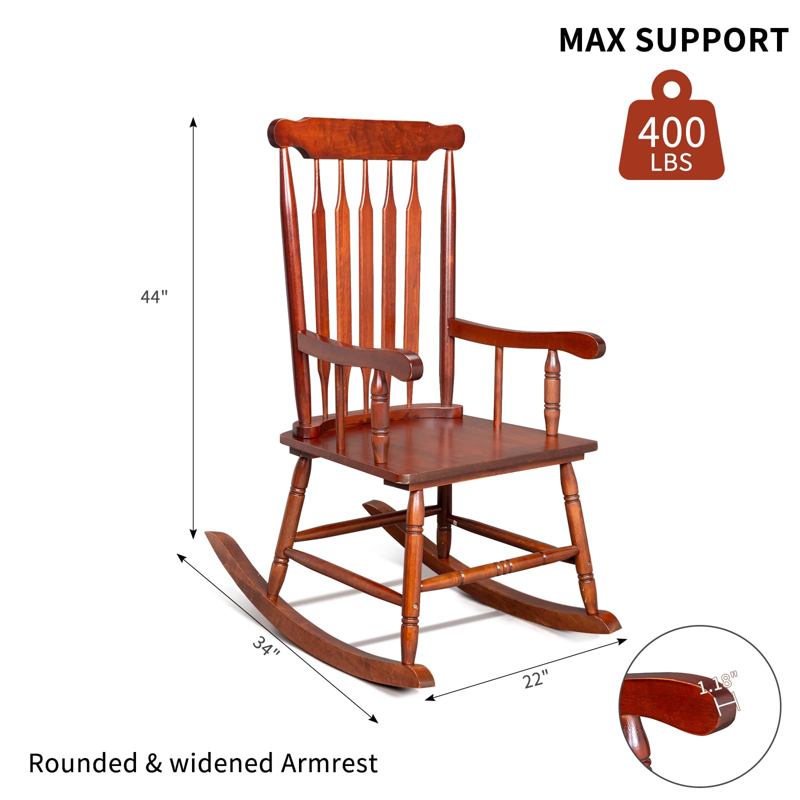 VINGLI Solid Wooden Rocking Chair, Outdoor Rocking Chair with Higher Backrest, Patio Rocker with Comfortable Seat, All Weather Rocking Chair for Garden, Yard, Balcony, Brown