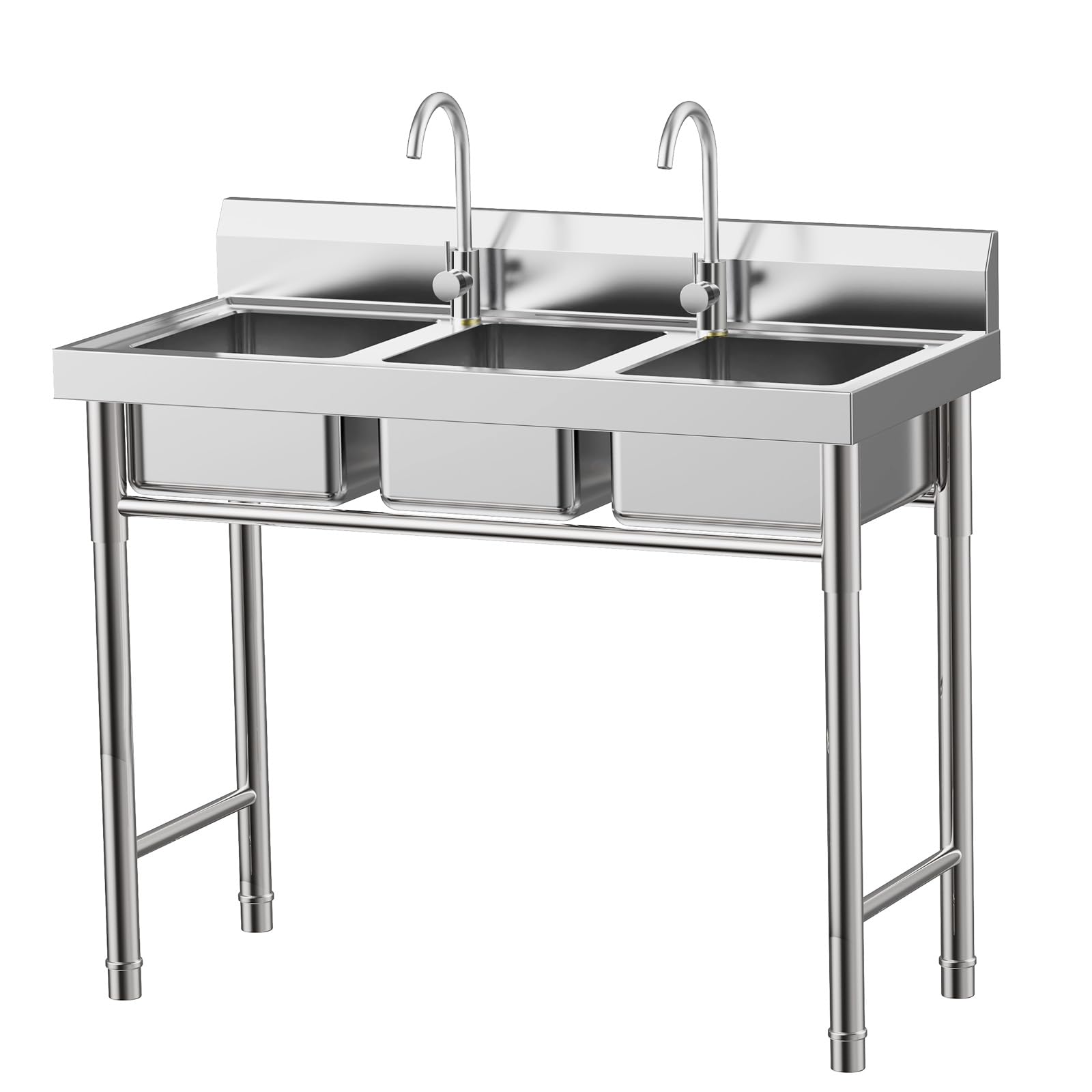 3-Compartment Sink, 304 Stainless Steel Utility Sink Outdoor Sink Freestanding Utility Sink with 2 Hot & Cold Faucet Commercial Triple Bowl Kitchen Sink for Bar Kitchen Each Sink 11"L x 9"W x 7"H