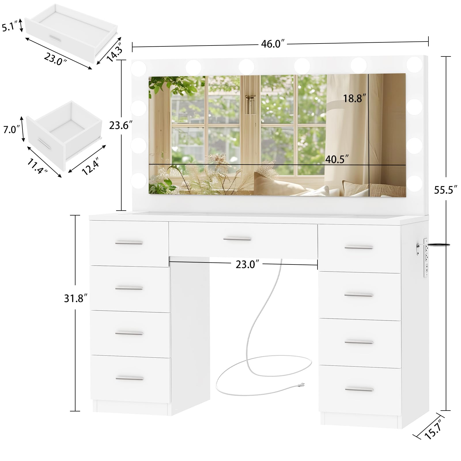 Quimoo Vanity Desk with Large Lighted Mirror and Power Outlet, 46" Makeup Vanity with 9 Drawers and Glass Desktop, Vanity Table with 12 LED Lights, 3 Lighting Color Adjustable (White)