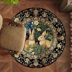 Orlco Art Round Rug,Machine Washable Round Bunny Area Rug with Non Slip Backing,44 Inches Cute Rabbits Bohemian Floral Animal Nursery Rug Floor Decoration Carpet Mat for Living Room,Bedroo