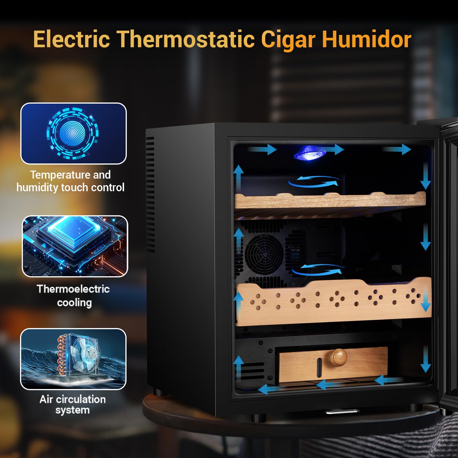 Electric Humidor for Cigars, 50L 300 Counts Large Capacity,Thermostatic Desktop Electric Cooler Cabinet with Digital LED Screen, Safety Lock,Smart Humidity & Temp Control, Gifts for Men