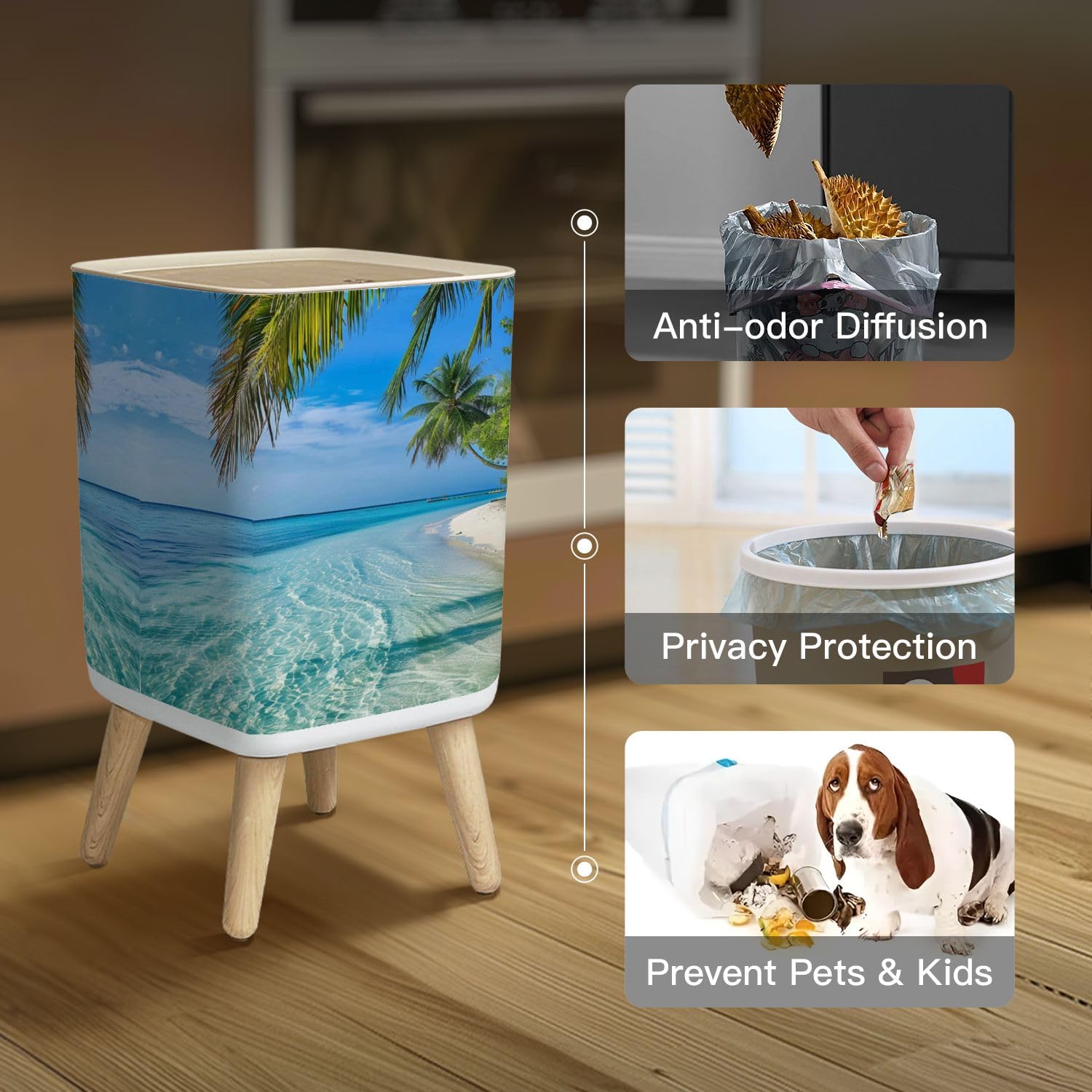 LGCZNWDFHTZ Small Trash Can with Lid Maldives Island Wastebasket with Press Cover Dog Proof Garbage Can Waste Bin for Kitchen Bathroom Nursery 2.6 Gallon